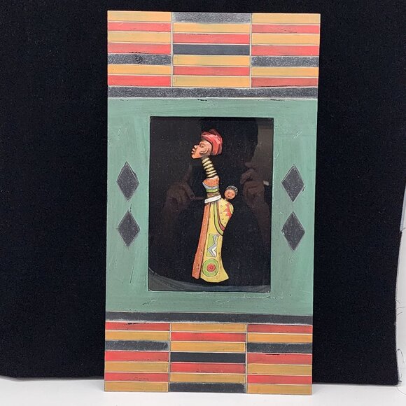 African Wall Hanging Mother Child 3D Figure Glass Covered Wooden Shadow Box - Picture 5 of 10